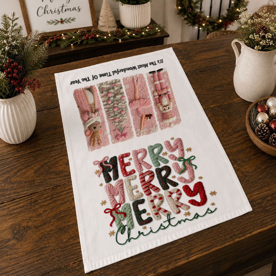 must have holiday kitchen decor pink towel
unique boutique christmas towel gift for women
christmas kitchen accessory pink festive towel
holiday home must have kitchen towel christmas decor