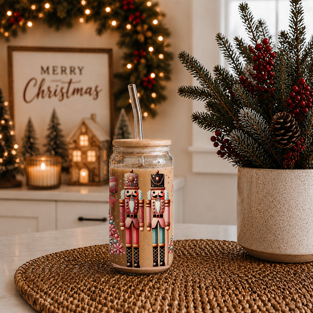 Nutcracker holiday coffee mug – festive glass cup for kitchen or coffee bar decor
Christmas boho style glass cup 17oz glass straw - Nutcracker floral holiday tumbler bamboo lid - Pink teal festive gift
