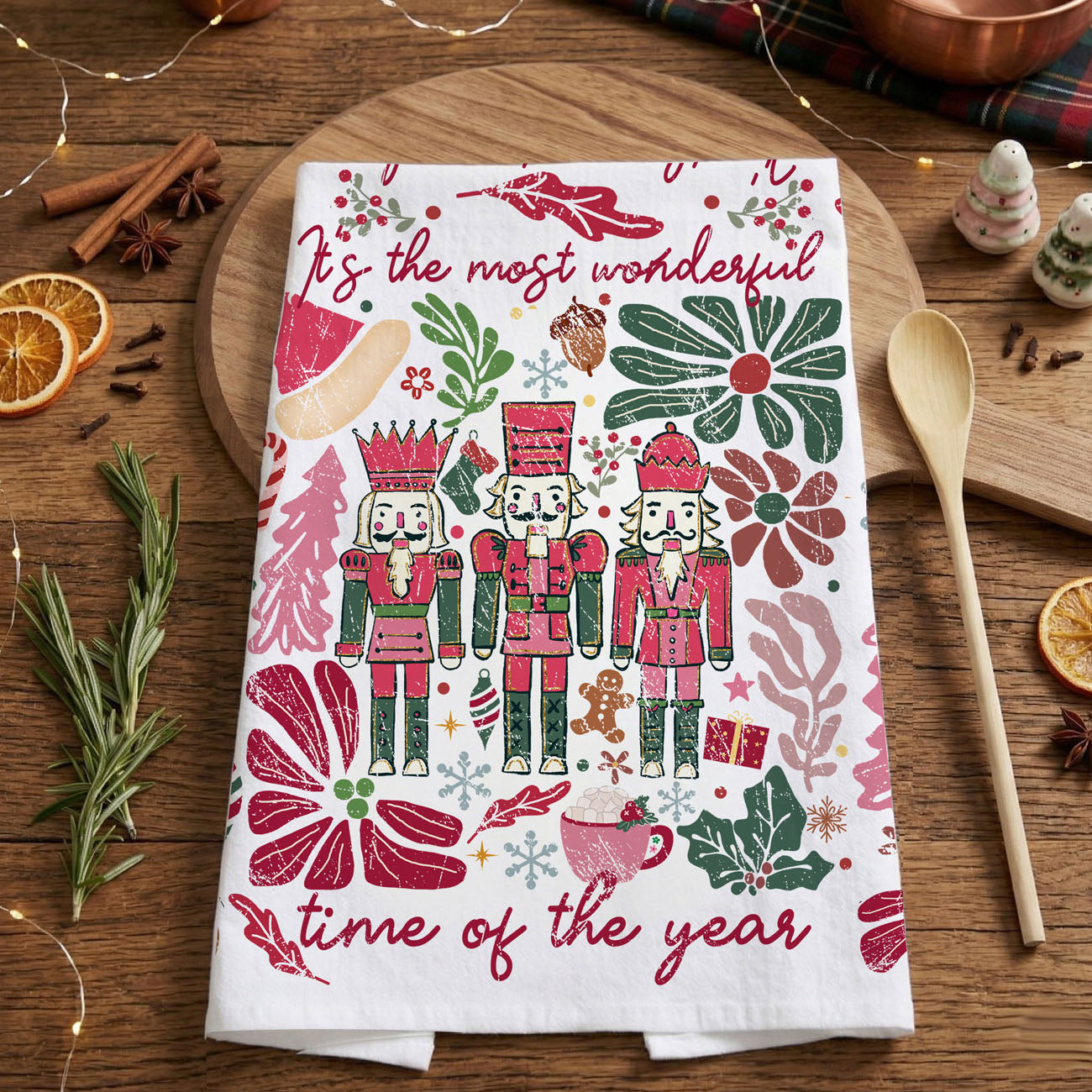 cute pink holiday kitchen decor towel with floral nutcracker print
soft pink and green christmas kitchen towel boho style decor
unique nutcracker christmas towel for girly holiday kitchen theme
aesthetic pink christmas kitchen towel for modern home decor