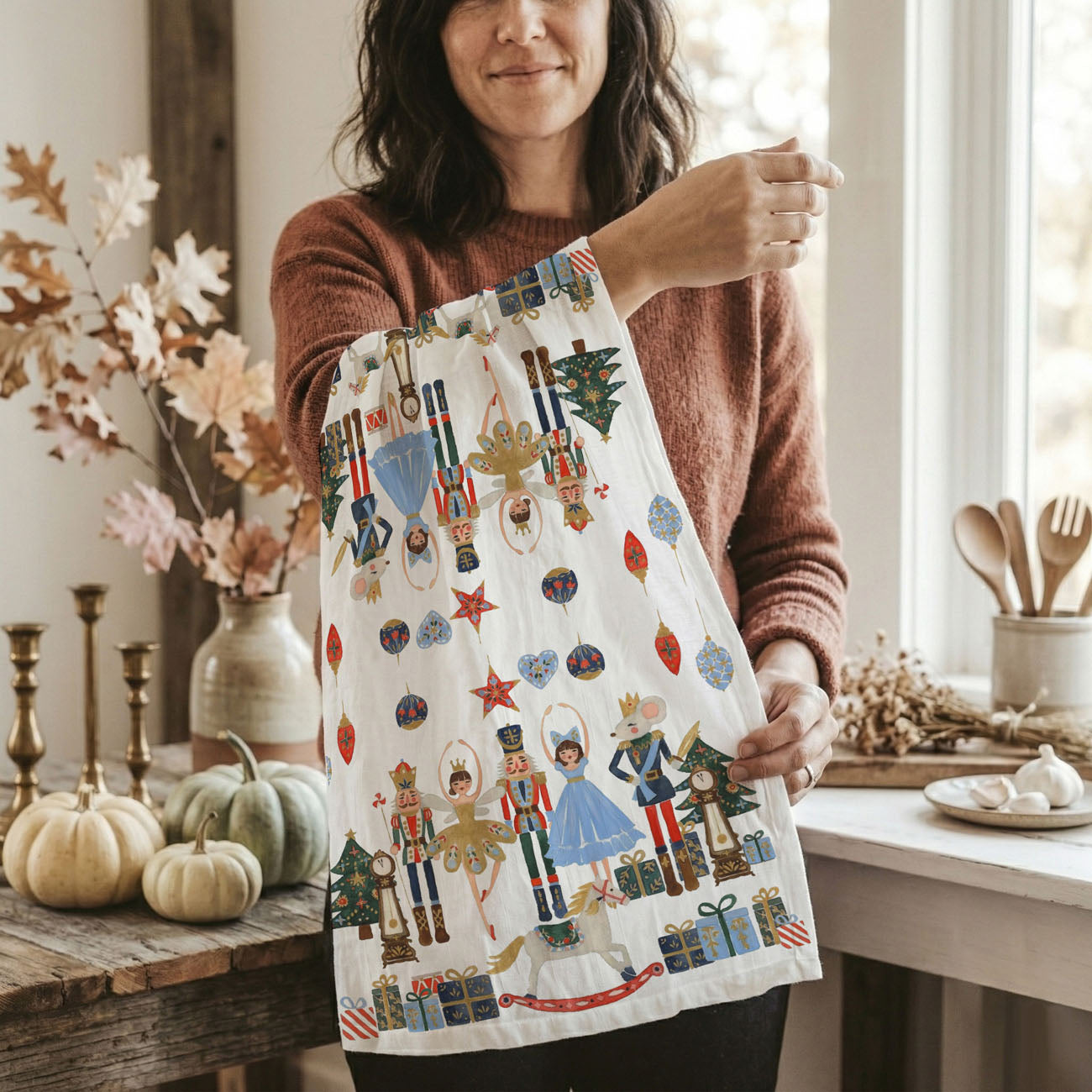 christmas kitchen towel with nutcracker soldiers and ornaments
vintage nutcracker christmas decor kitchen towel
nutcracker ballet inspired christmas dish towel
festive holiday kitchen towel classic christmas characters
decorative christmas towel with nutcracker theme