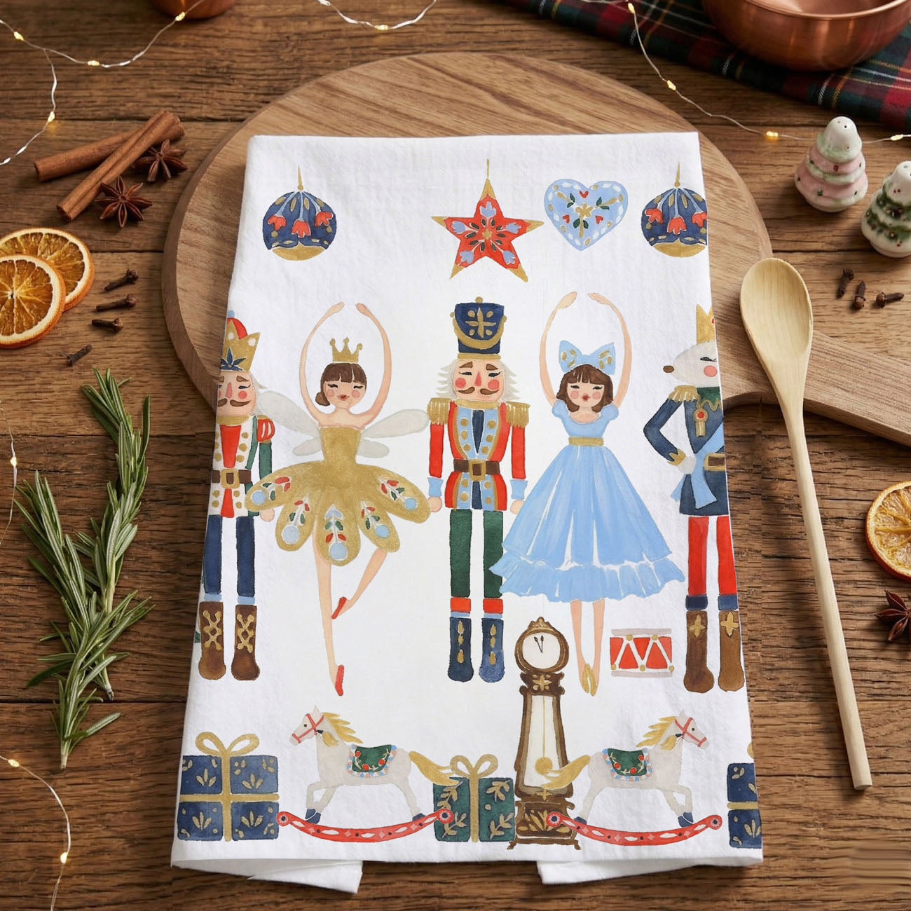 nutcracker holiday kitchen towel classic christmas scene
storybook nutcracker christmas dish towel decor
christmas toy soldier kitchen towel festive design
holiday towel with nutcracker characters and gifts
nutcracker christmas illustration kitchen towel