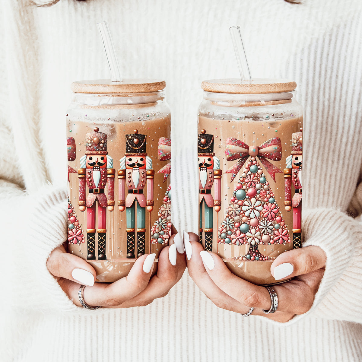 Unique Christmas coffee cup – boho glass tumbler with pink, teal, gold, and glitter
Nutcracker holiday coffee mug – festive glass cup for kitchen or coffee bar decor