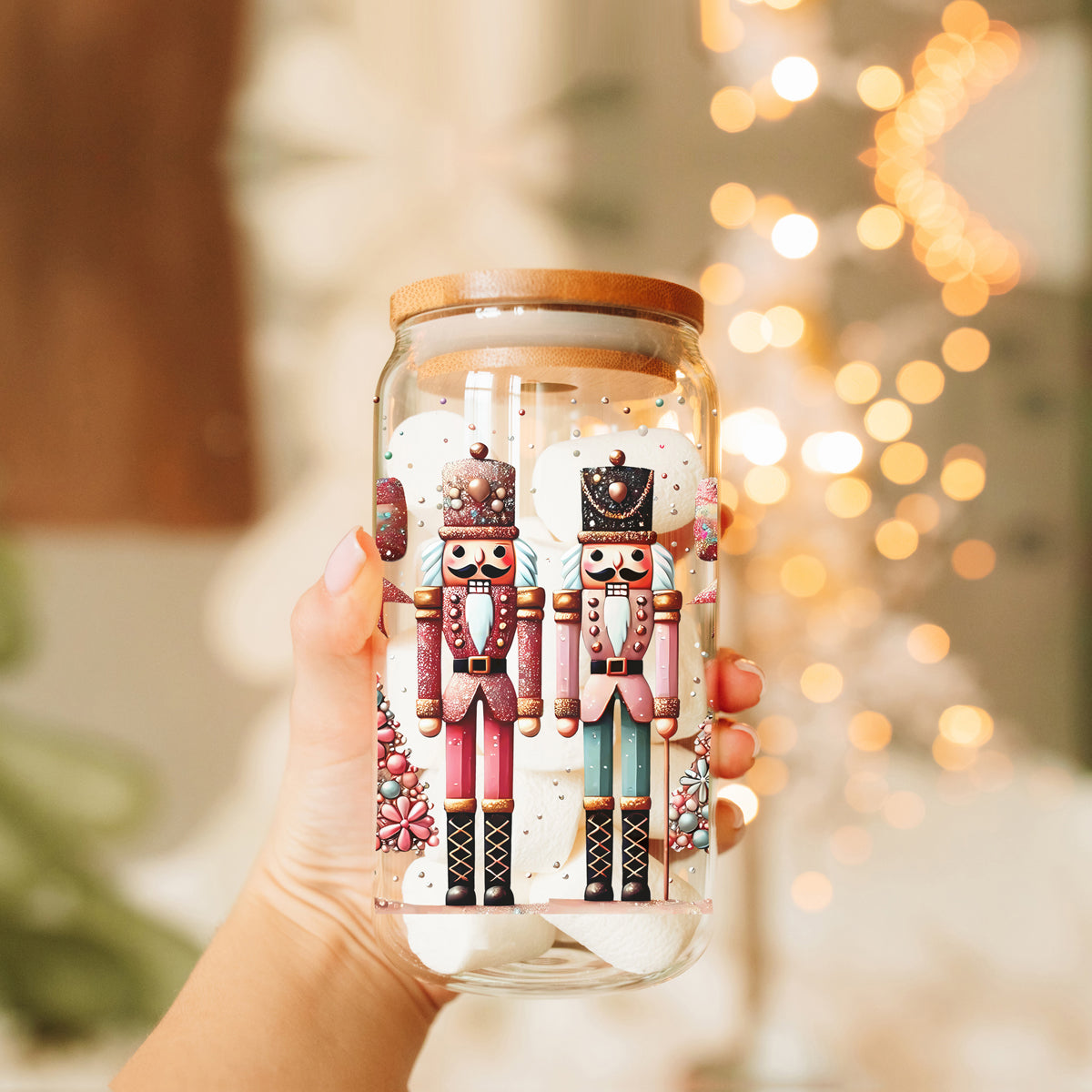 Nutcracker Christmas tumbler gift - boho pink and teal glass with bamboo lid
Reusable iced coffee glass - Nutcracker holiday tumbler with glitter design