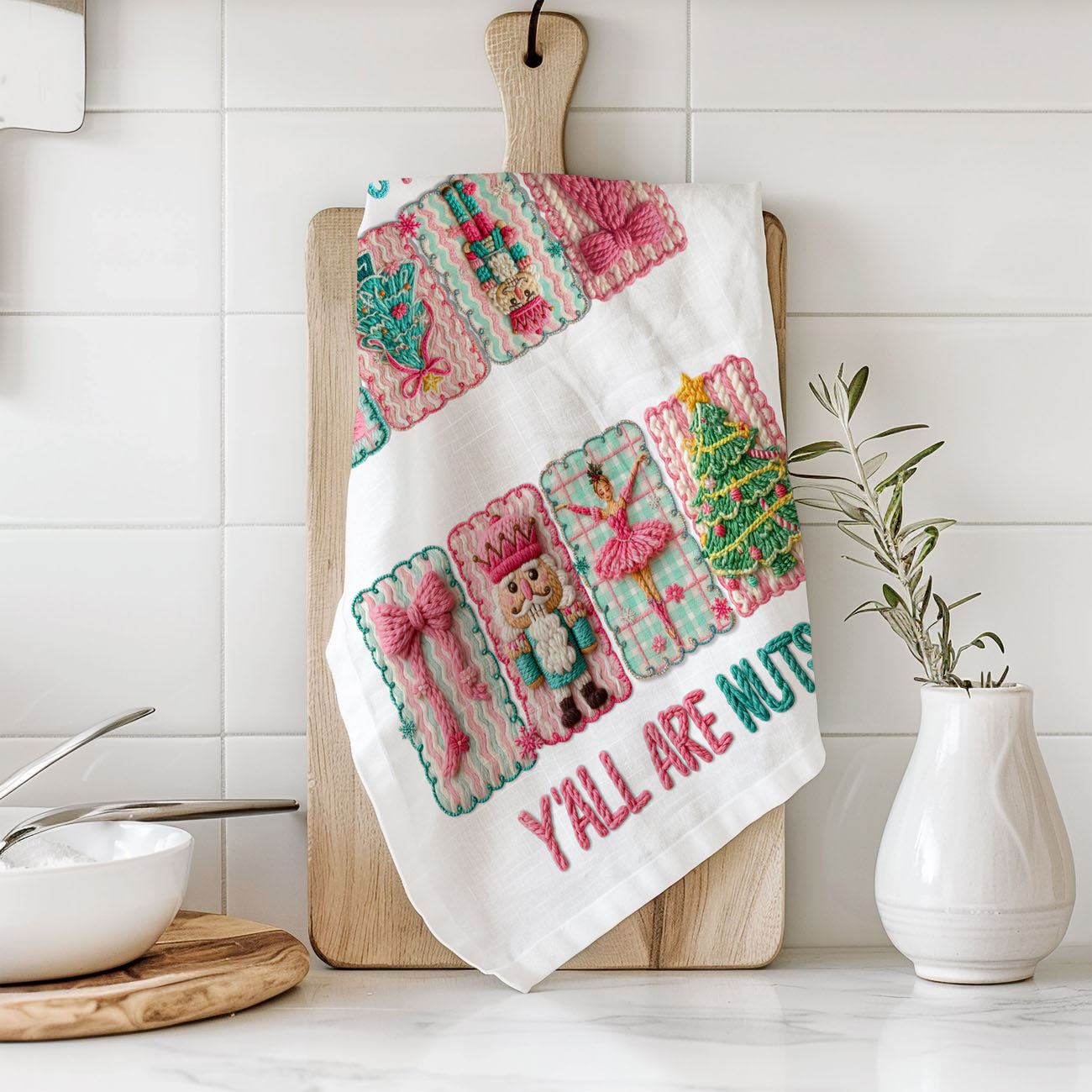 knit look merry christmas towel textured holiday lettering
crochet style christmas kitchen towel pink festive fabric design
embroidered look pink holiday dish towel cozy texture
textured knit christmas lettering kitchen towel pink