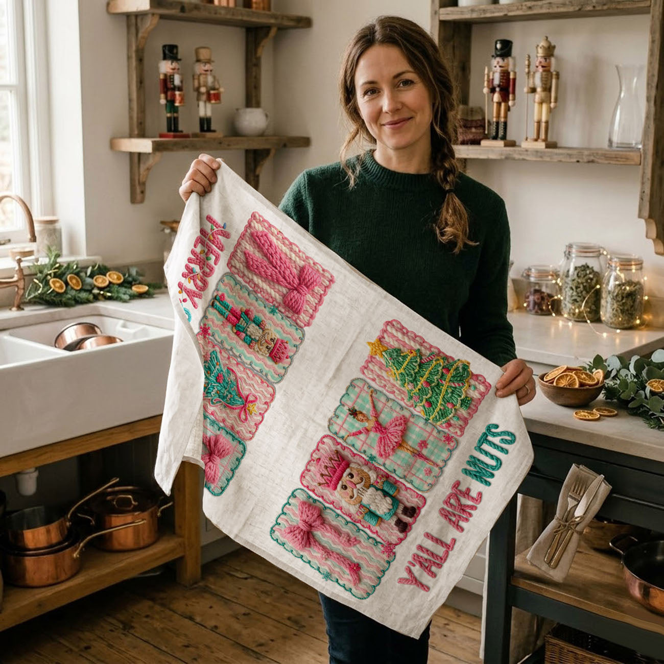 cozy woven look christmas kitchen towel festive pink
handcrafted style holiday towel knit design aesthetic
pink christmas kitchen towel styled on wooden board flat lay
holiday dish towel kitchen decor with neutral rustic styling