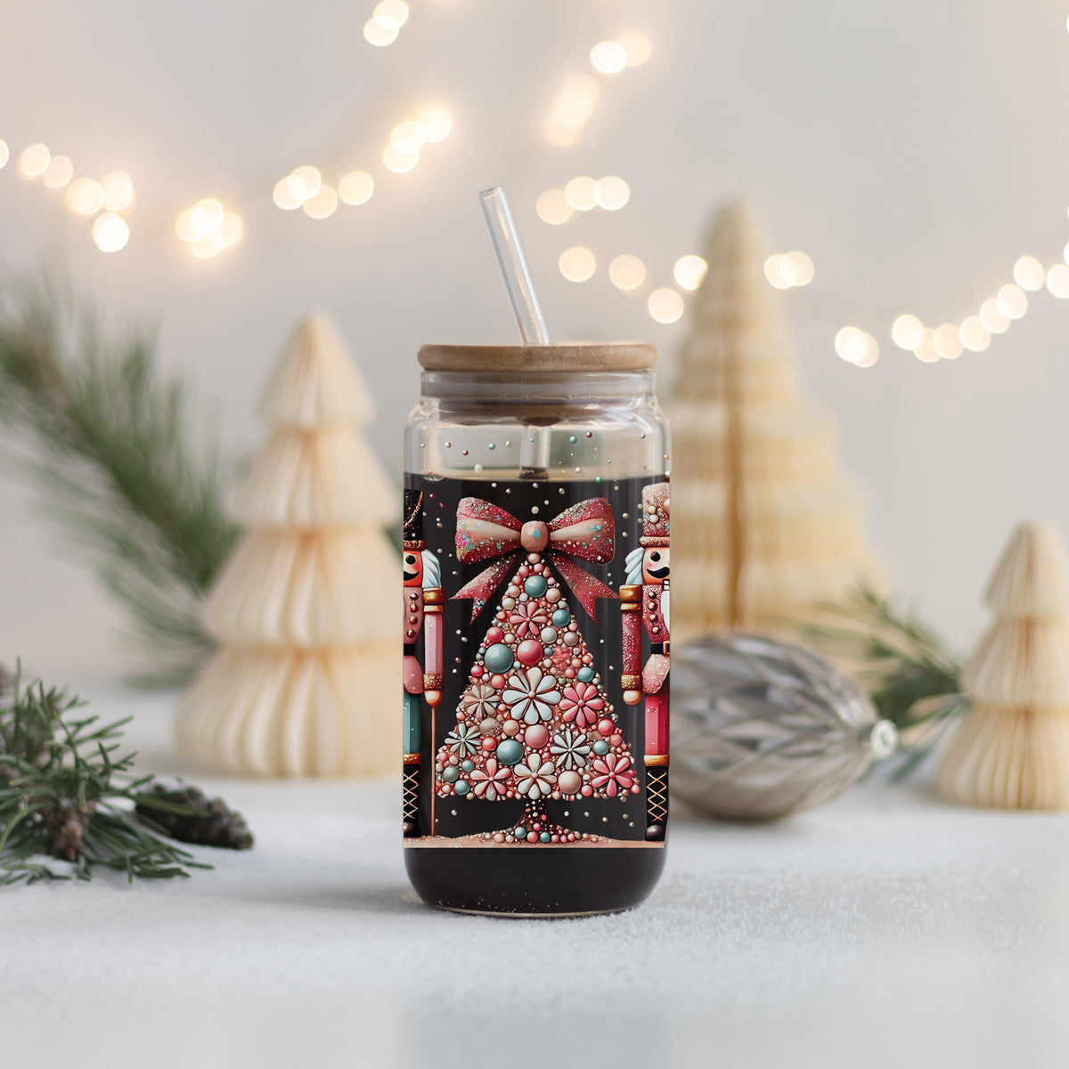 17oz bohemian holiday glass tumbler eco-friendly - Christmas nutcracker floral coffee cup bamboo lid - Pink teal kitchen decor