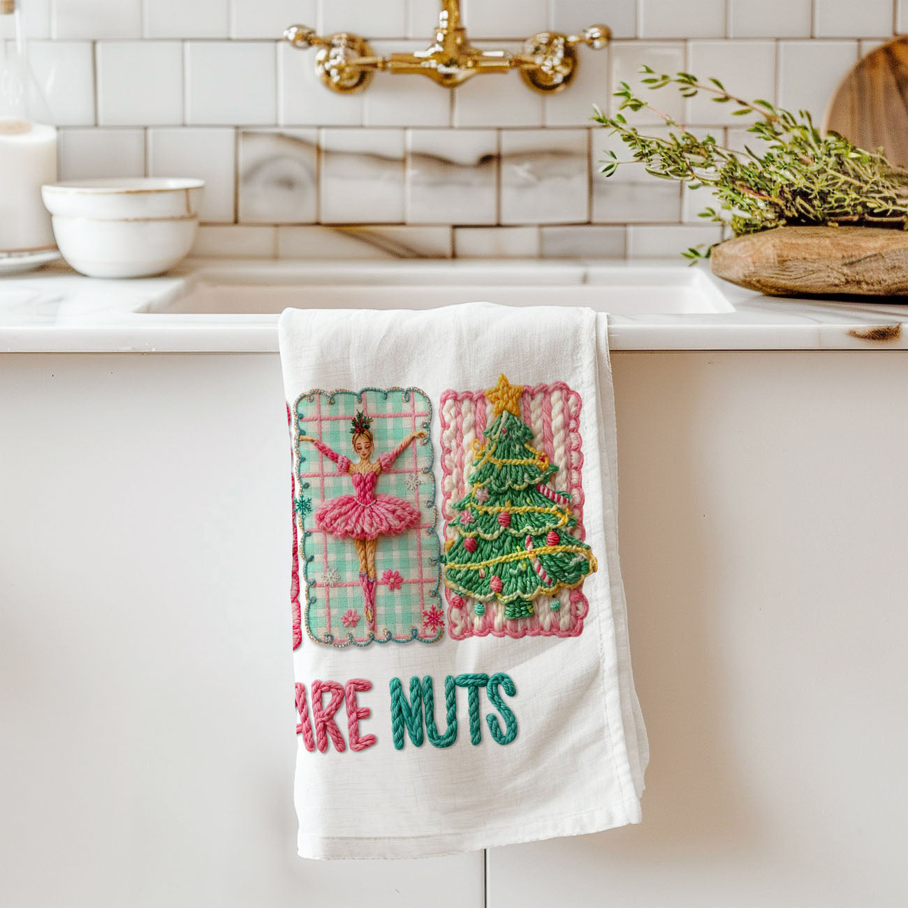 pink nutcracker christmas towel styled on rustic wood board with utensils
merry christmas pink towel with knit lettering close up detail
pink holiday kitchen towel aesthetic flat lay with neutral decor
nutcracker ballerina christmas towel styled for cozy kitchen scene