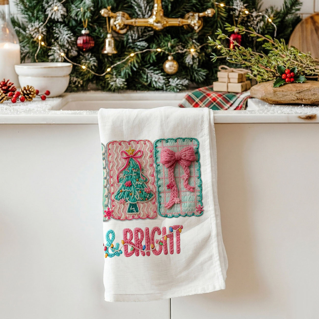 pink festive towel hanging oven handle christmas decor
kitchen towel styled with wooden utensils holiday aesthetic
cozy christmas kitchen scene pink towel decor styling
pink christmas towel farmhouse kitchen holiday display