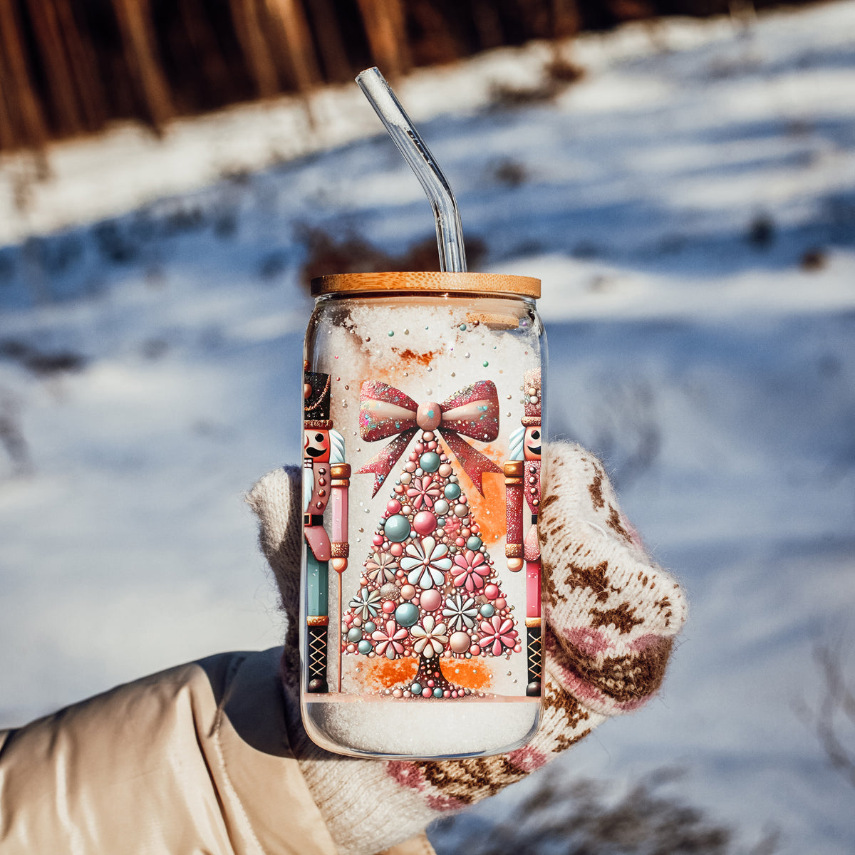 Christmas tumbler for her - Nutcracker soldiers and floral Christmas tree cup
Festive Nutcracker glass tumbler - pastel holiday design with bamboo lid