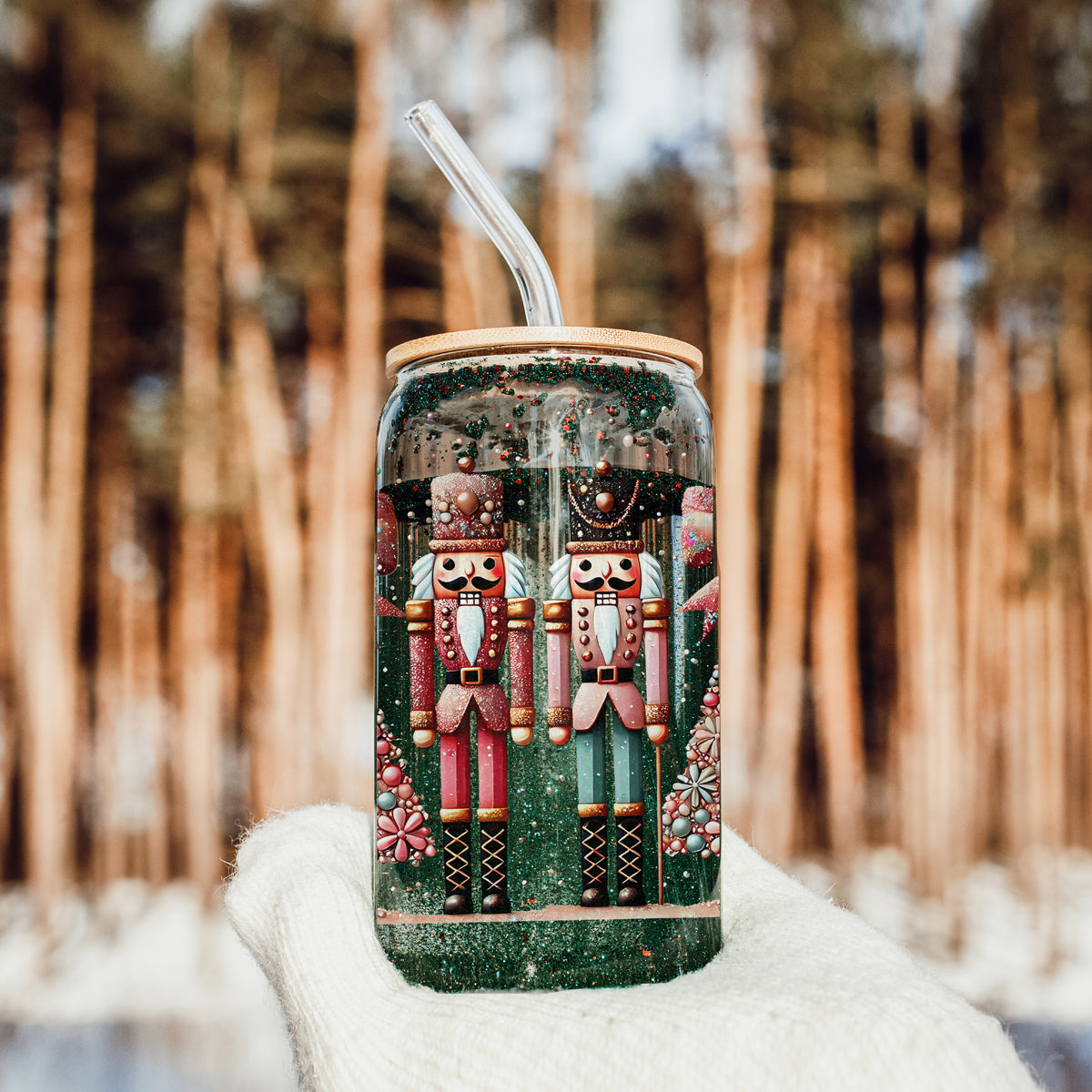 Coffee bar essential – boho Nutcracker Christmas glass cup with tree and glitter
Festive drinkware gift – pink, teal, gold Christmas glass tumbler with Nutcracker soldiers