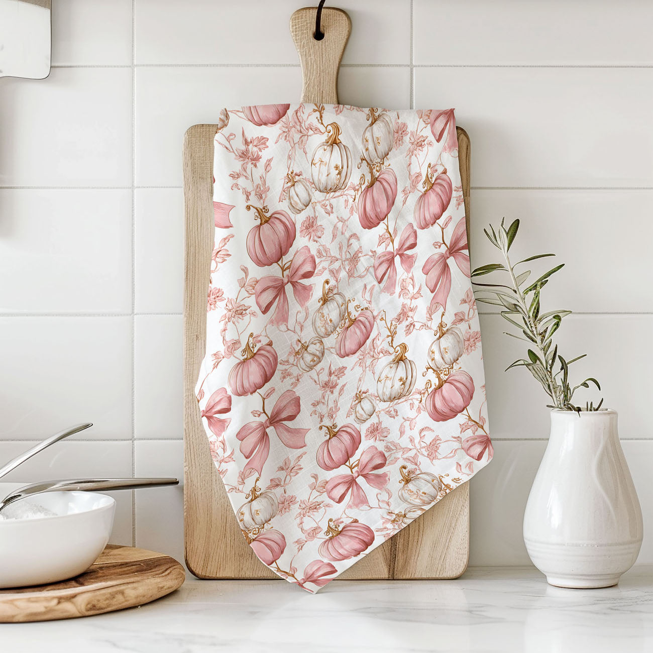 pink pumpkin and bow fall décor for coffee bar
elegant pink pumpkin towel for modern fall kitchen
pink harvest pumpkin tea towel for cottage style décor
pink pumpkin gift idea for autumn housewarming
pink pumpkin towel displayed on rustic wood background