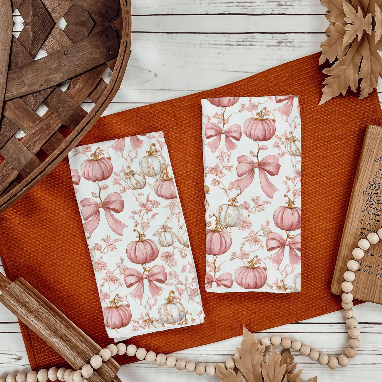 pink fall dish towel perfect for pumpkin spice lovers
girly thanksgiving kitchen towel with pink pumpkins and bows
pink floral pumpkin towel for shabby chic fall décor
blush pumpkins and bow print towel for seasonal kitchen styling
soft pink pumpkin kitchen towel ideal for bridal fall gifts