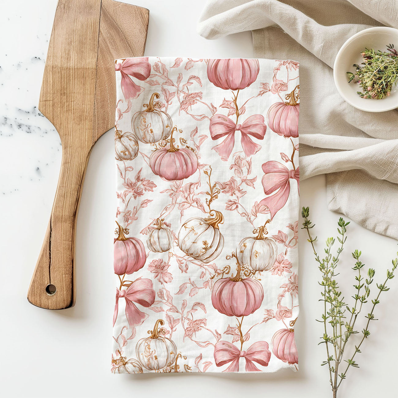 pastel pink pumpkin kitchen towel for thanksgiving cooking
pink pumpkins and florals towel for romantic autumn décor
pink pumpkin farmhouse towel styled with cutting board and spoon
rosy pumpkin print towel for chic fall décor