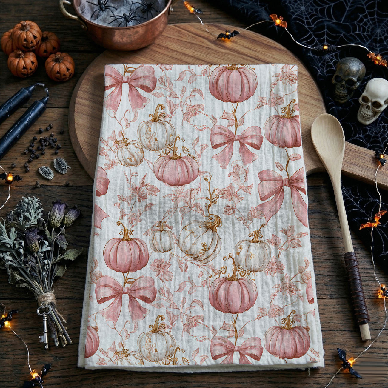pastel fall kitchen towel with pumpkins and vintage florals
pink farmhouse fall towel hanging on oven handle
chic pink pumpkin tea towel for modern autumn décor
white and blush pumpkin towel for pink fall kitchen
romantic fall pumpkin towel with soft pink color palette