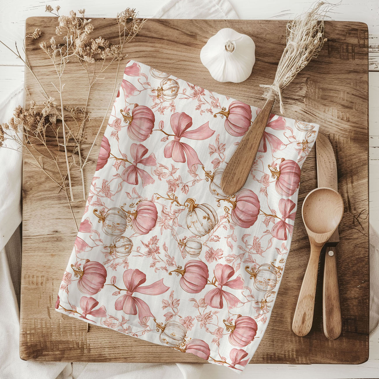 pink pumpkin kitchen towel with bows and florals
blush pumpkin fall dish towel for feminine kitchen décor
pink autumn pumpkin tea towel on cutting board
girly fall kitchen towel with blush pumpkins and ribbons