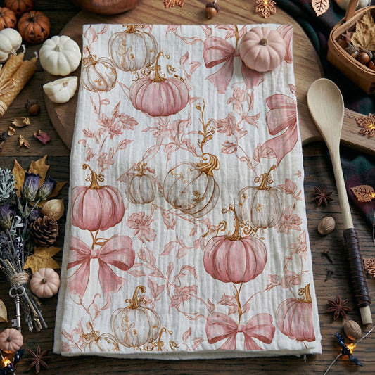 pink autumn kitchen towel styled with rosemary and spoon
floral pink pumpkin pattern towel for cozy fall decorating
pink pumpkin décor towel for mantle or tiered tray
delicate pink pumpkin tea towel for elegant thanksgiving table
dusty blush pumpkin towel for boho chic fall styling