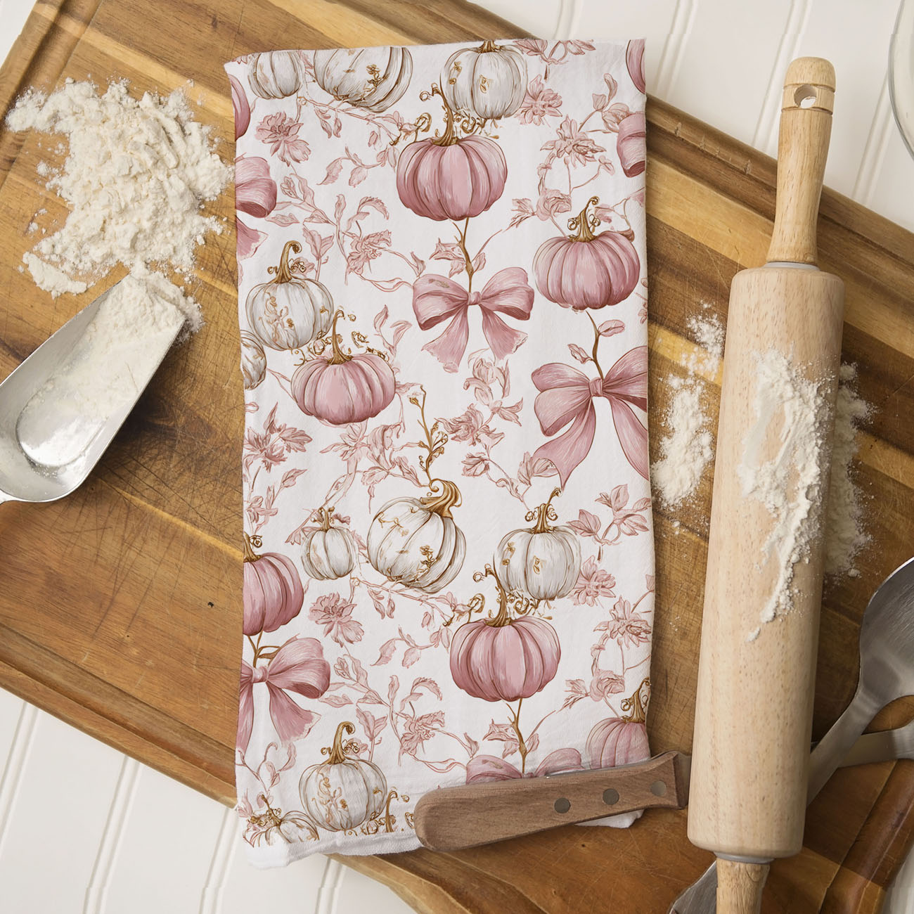 pink and white pumpkin pattern towel for glam fall kitchen
girly pink pumpkin linen for cozy fall bedroom décor
pink pumpkin hostess gift towel wrapped with ribbon
blush pumpkin and floral towel for neutral fall décor
pink pumpkin accent towel for coffee nook décor