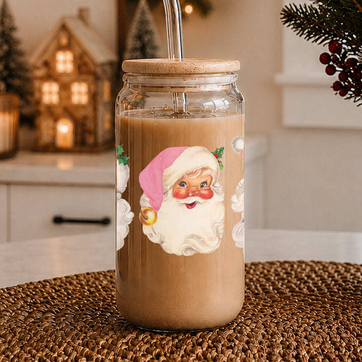 Classic Christmas glass cup 17oz - Vintage Santa pink hat holiday tumbler bamboo lid glass straw - Retro festive gift
Holiday sparkle drinkware – vintage Santa faces with pink hats glass cup
Christmas glass drinkware 17oz - Vintage Santa pink hat holiday cup with glass straw - Retro design kitchen gift