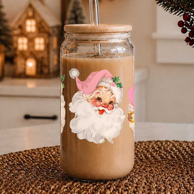 Christmas nostalgia drinkware glass tumbler 17oz - Vintage Santa pink hat bamboo lid - Holiday retro coffee cup
Unique Christmas coffee cup – festive glass tumbler with 2 pink Santa faces