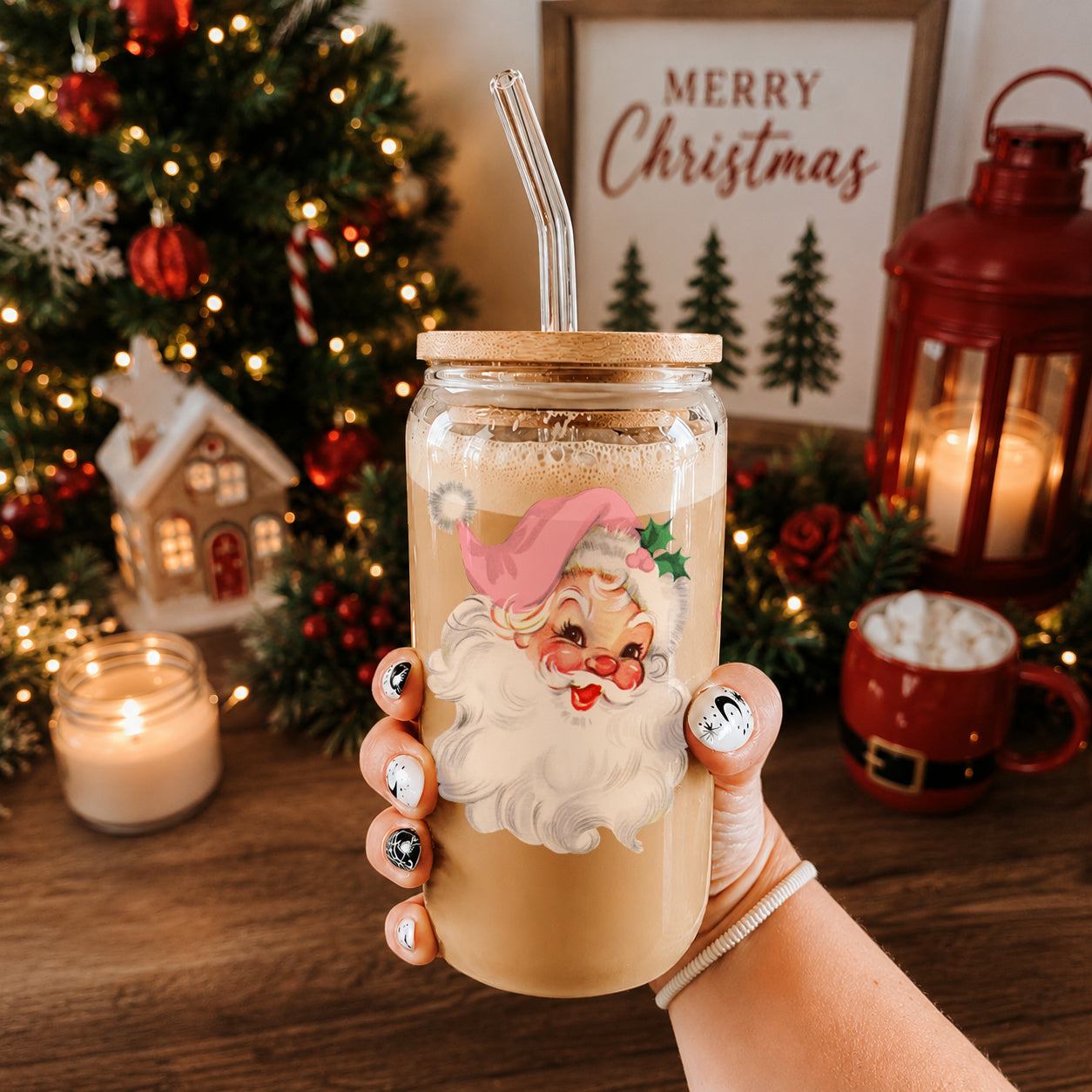 Christmas hostess gifts glass tumbler 17oz - Vintage Santa pink hat holiday coffee cup bamboo lid - Retro drinkware
Holiday coffee tumbler gift – festive glass cup for moms and home chefs
Retro Santa Christmas tumbler - festive pink hat Santa design glass
Holiday drinkware gift - vintage Santa glass tumbler with bamboo lid