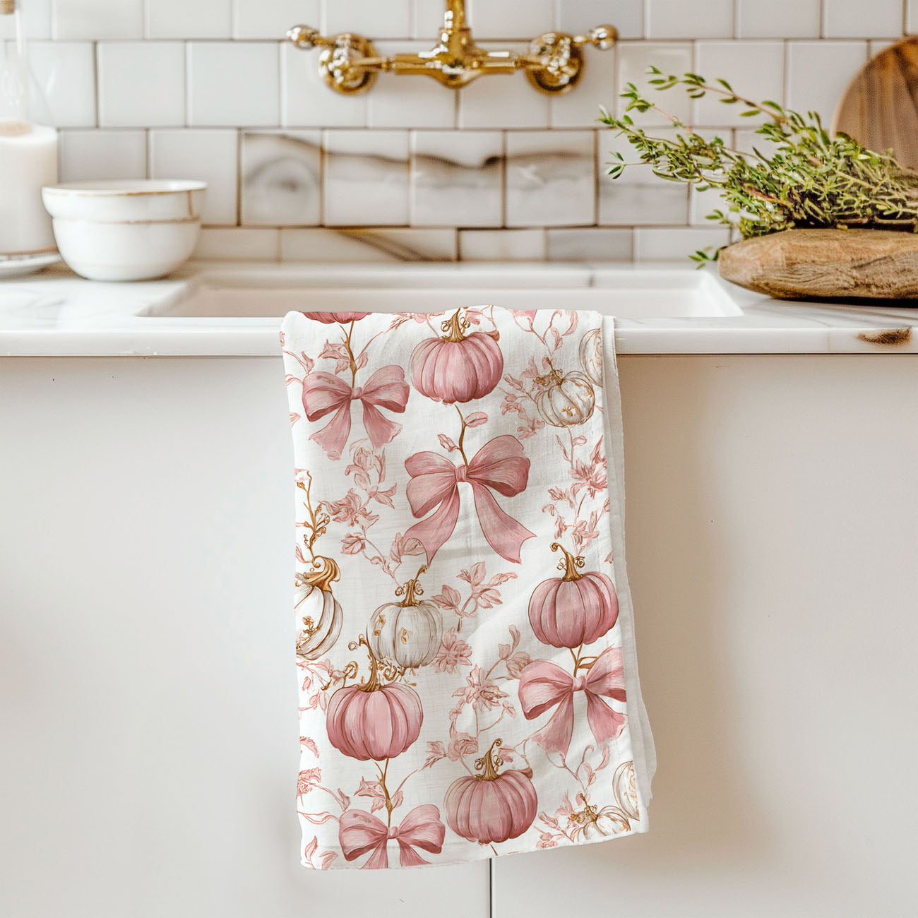 floral pink pumpkin towel for shabby chic fall décor
pink pumpkin home accessory for tiered tray styling
dusty rose pumpkin towel for feminine fall decorating
pink pumpkin and gold stem towel for luxe autumn décor
pale pink pumpkin dish towel perfect for cozy fall nights