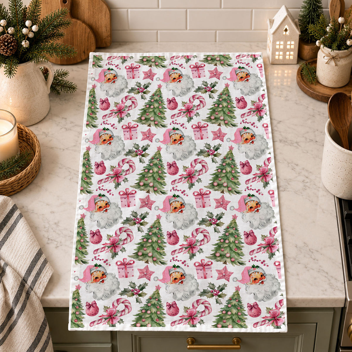 pink vintage santa kitchen towel christmas decor
retro santa face christmas tea towel pink holiday
cute pink christmas dish towel santa trees pattern
vintage santa claus kitchen towel festive design
pink holiday kitchen towel with santa and trees
christmas tea towel pink aesthetic santa print