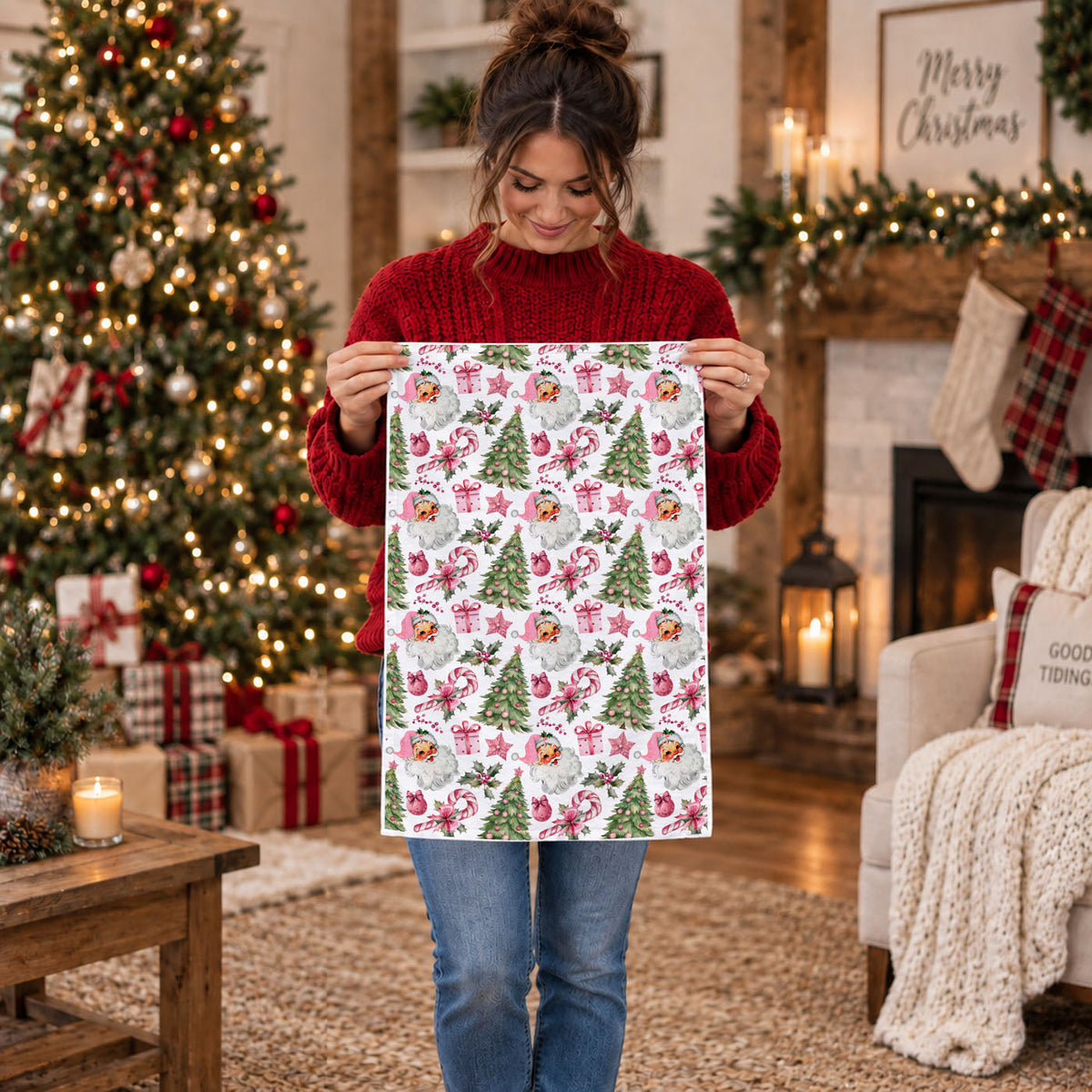 soft cotton christmas dish towel santa pattern
durable reusable christmas kitchen towel pink
decorative and functional holiday tea towel
lightweight cotton kitchen towel christmas theme
high quality flour sack towel christmas decor