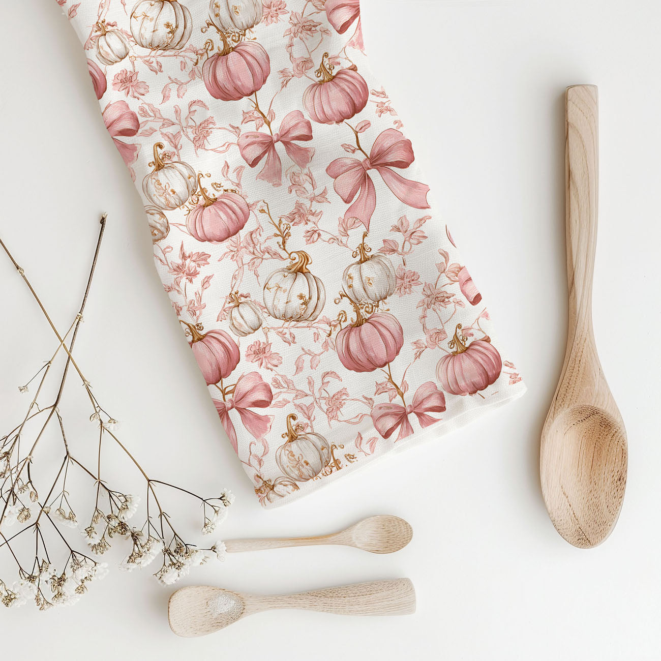 soft pastel pink pumpkin flour sack towel for autumn
elegant pink pumpkin and floral pattern kitchen towel
pink bow pumpkin towel for pretty thanksgiving décor
romantic pink pumpkin dish towel for cottagecore kitchen