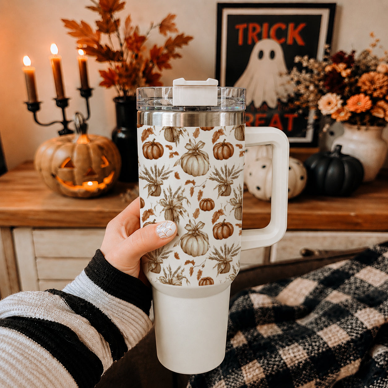 Autumn drink cup with pumpkins leaves and neutral tones
Pumpkin tumbler for fall coffee tea and water
40oz fall water tumbler with pumpkin pattern
Large pumpkin tumbler with handle and straw
Insulated pumpkin cup for autumn drinks
Fall iced coffee tumbler with pumpkin leaf design
Autumn water cup with pumpkin and leaf artwork
Pumpkin spice coffee tumbler for fall season
Fall beverage tumbler with pumpkin patch style