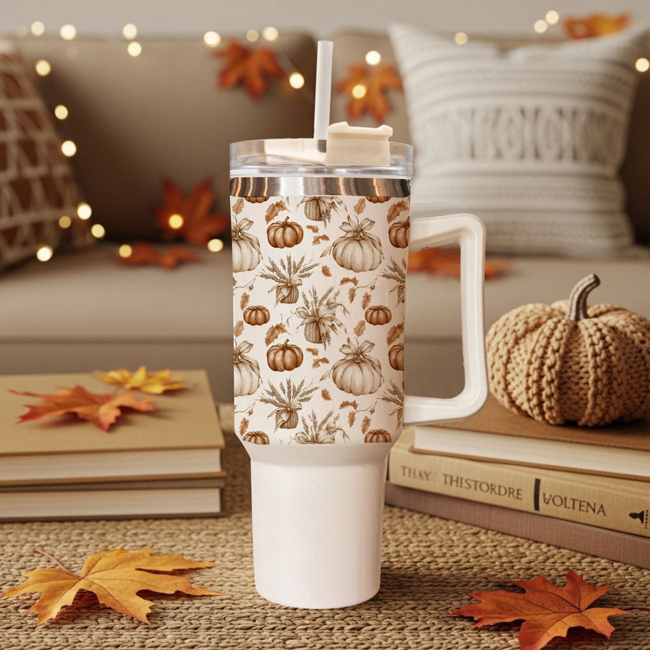 autumn coffee station tumbler
neutral warm toned coffee cup
pumpkin patch inspired tumbler
cute farmhouse pumpkin tumbler
fall tumbler with neutral pumpkins
cozy pumpkin tumbler with straw
autumn leaves and pumpkins aesthetic cup
neutral cream autumn tumbler