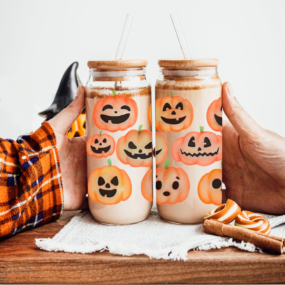 Aesthetic fall drinking glass with pumpkin faces
Designer Halloween glass cup with jack o lantern expressions
Autumn themed glass tumbler with cute pumpkin illustrations