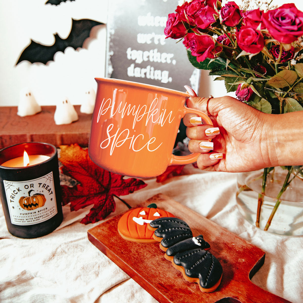 pumpkin spice coffee mug in farmhouse kitchen
pumpkin spice mug with cinnamon sticks and coffee
pumpkin spice latte cup surrounded by fall leaves
pumpkin spice mug on marble countertop with candle