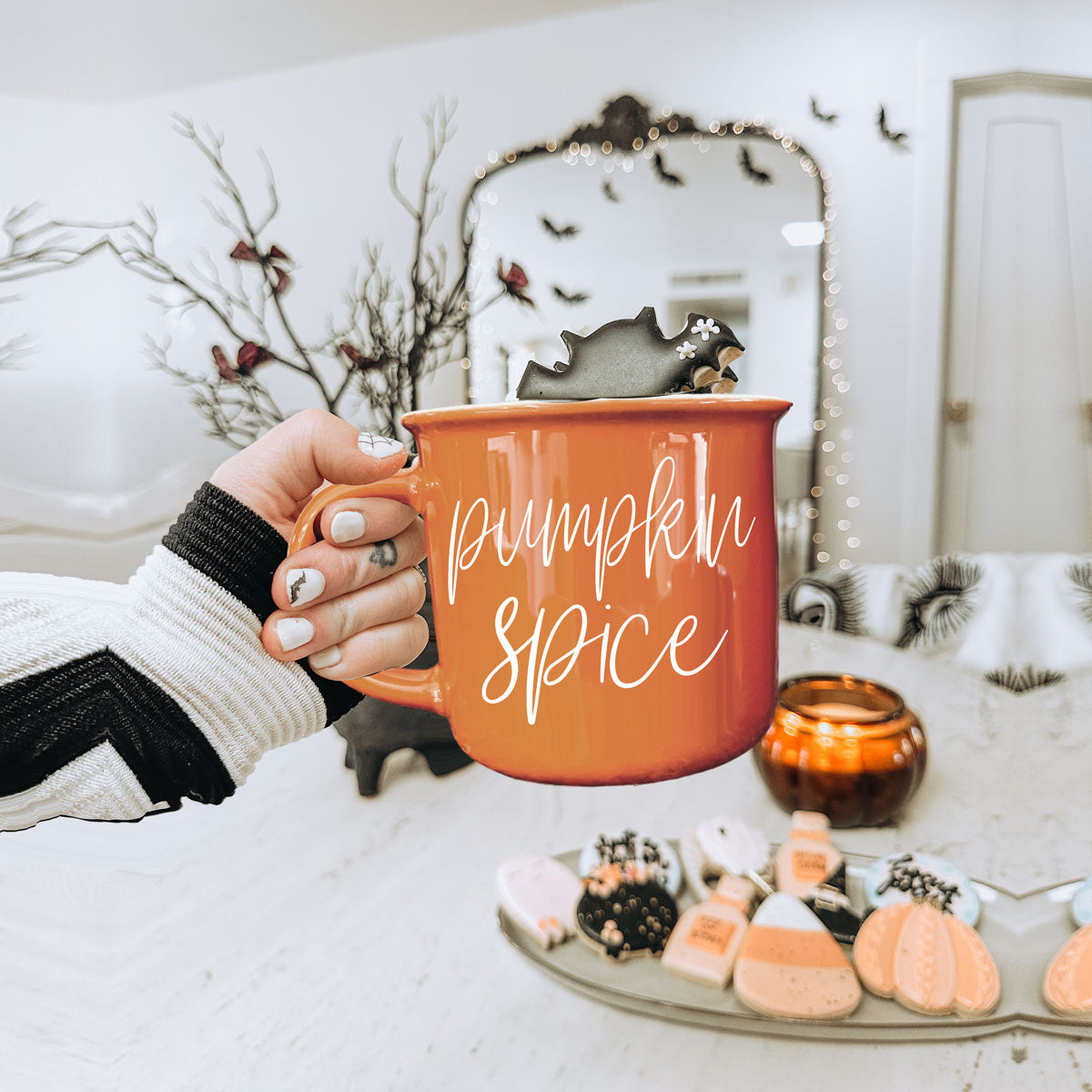 pumpkin spice mug for autumn kitchen shelf styling
pumpkin spice latte cup in neutral boho living room
pumpkin spice mug for fall hot chocolate and cider
pumpkin spice latte mug for seasonal coffee bar setup
