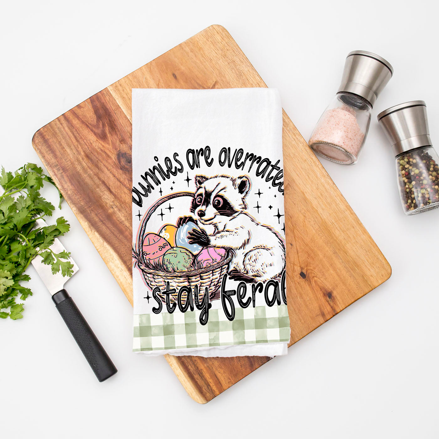 farmhouse funny spring towel for easter decor
easter kitchen towel for moms with humor
trendy funny towel 2026 easter gift idea
raccoon easter towel with pastel gingham trim
quirky easter towel gift for spring