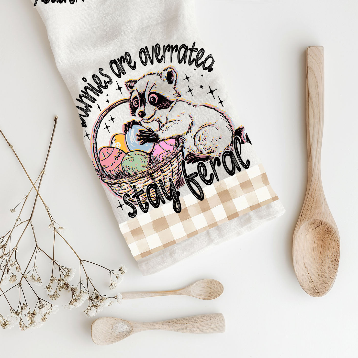Funny Easter kitchen towel raccoon eggs stay feral farmhouse
Chaotic raccoon dish towel Easter humor gingham spring
Trash panda Easter kitchen towel funny raccoon farmhouse
Stay feral Easter towel raccoon basket eggs gingham