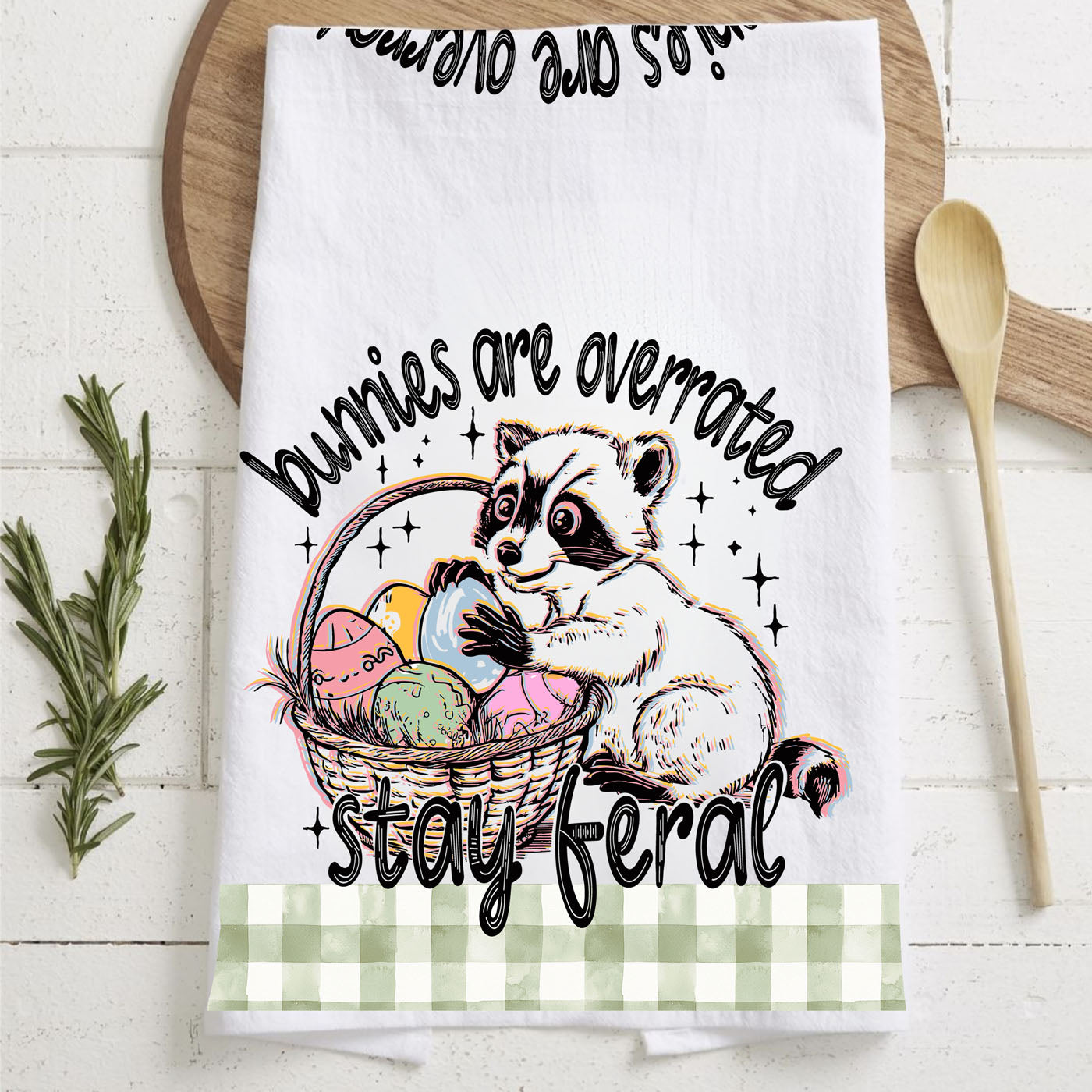 Trash panda kitchen towel Easter humor raccoon eggs
Funny raccoon towel bunnies overrated Easter gingham
Feral Easter kitchen towel raccoon basket farmhouse
Raccoon humor dish towel Easter eggs stay feral spring