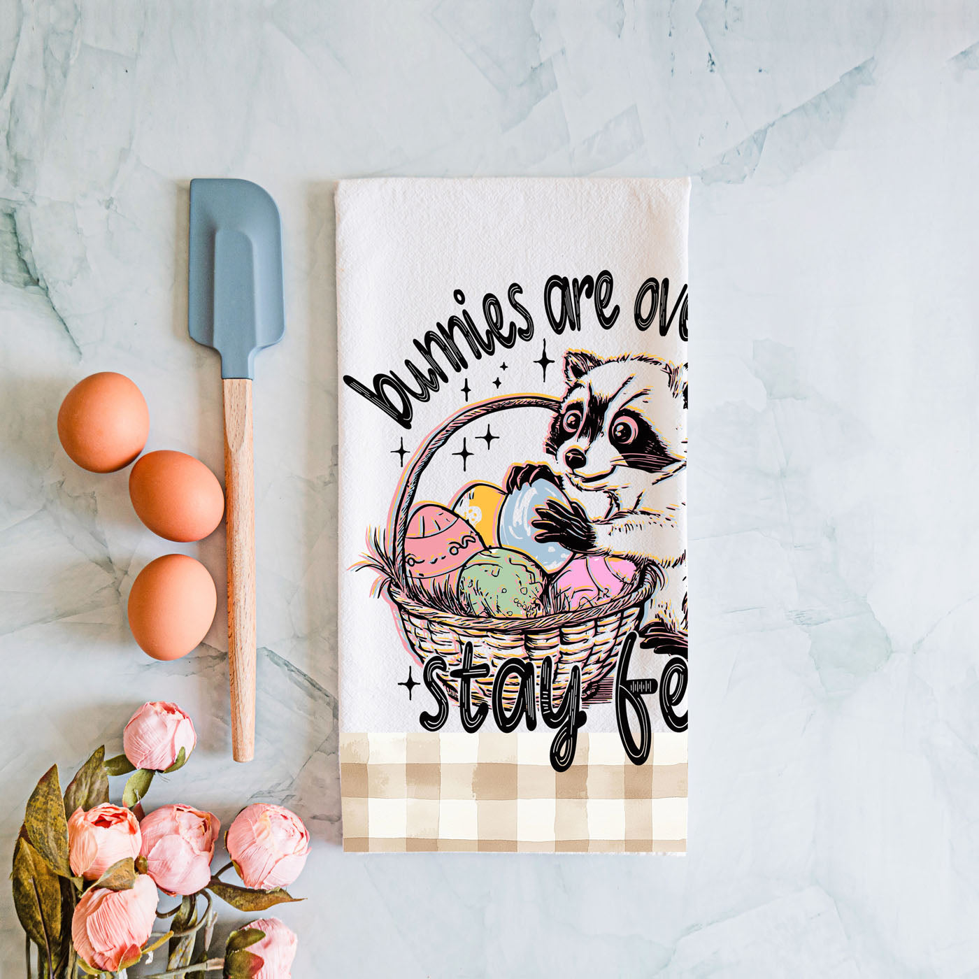 Witty raccoon kitchen towel Easter eggs humor farmhouse
Hilarious Easter towel funny raccoon stay feral gingham
Sassy raccoon dish towel Easter humor bunnies overrated
Clever Easter kitchen towel raccoon eggs funny spring