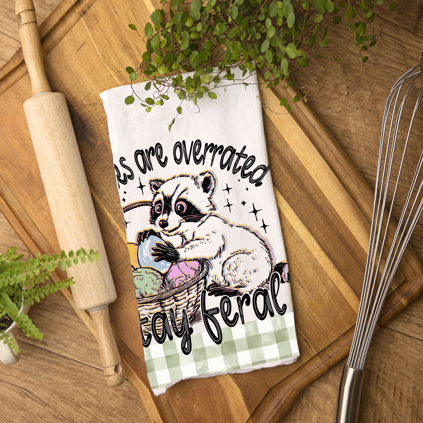Hilarious raccoon towel Easter humor basket spring
Sassy Easter dish towel raccoon bunnies overrated
Clever raccoon kitchen towel funny Easter eggs
Humorous Easter towel raccoon stay feral farmhouse