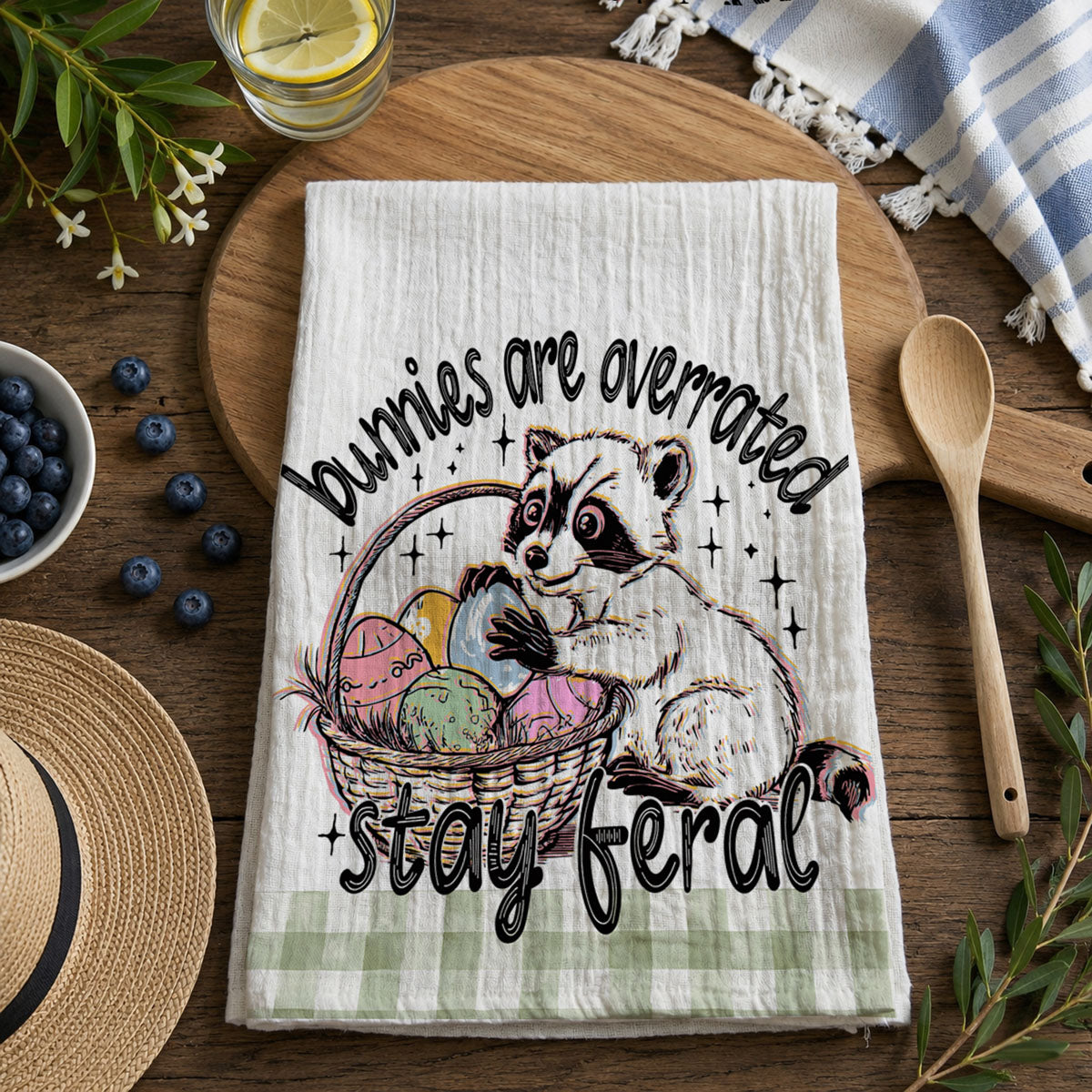 Witty raccoon kitchen towel Easter eggs humor farmhouse
Hilarious Easter towel funny raccoon stay feral gingham
Sassy raccoon dish towel Easter humor bunnies overrated
Clever Easter kitchen towel raccoon eggs funny spring