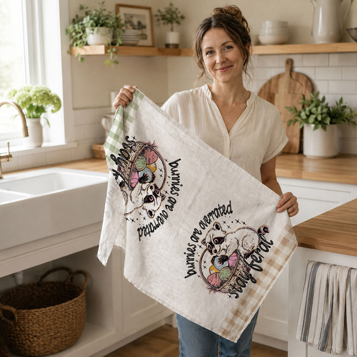 Funny Easter raccoon dish towel stay feral gingham
Raccoon Easter basket towel bunnies overrated humor
Stay feral kitchen towel funny raccoon Easter eggs
Chaotic Easter raccoon dish towel funny farmhouse spring