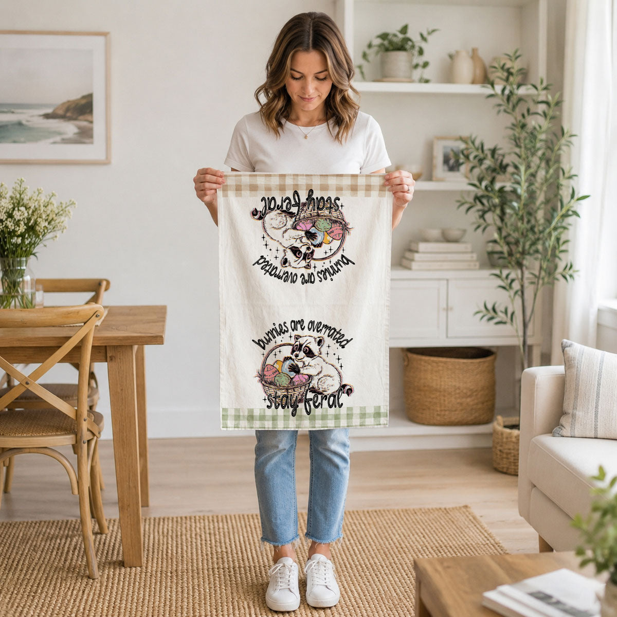 Bunnies are overrated stay feral kitchen towel raccoon Easter
Funny raccoon kitchen towel Easter eggs gingham farmhouse
Stay feral raccoon dish towel funny Easter spring humor
Raccoon Easter basket kitchen towel bunnies overrated funny