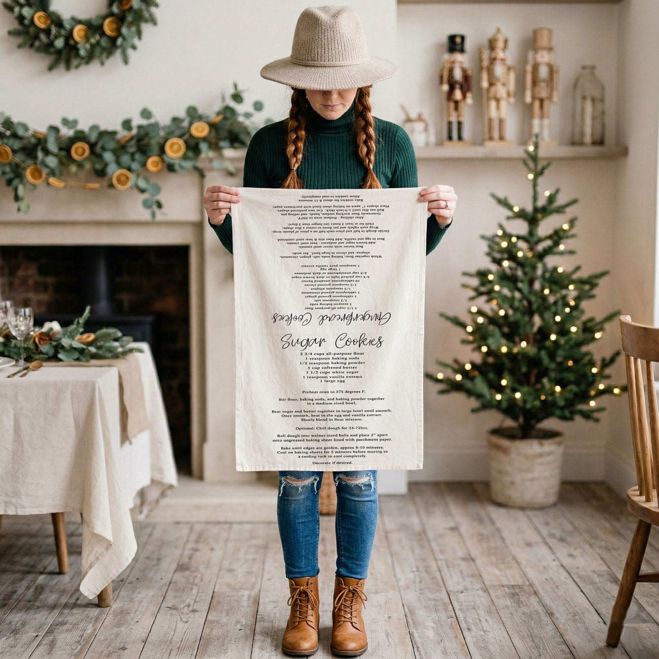 christmas kitchen towel with printed sugar cookie recipe for baking at home
holiday baking towel with gingerbread recipe for christmas cookies
kitchen towel with step by step instructions for baking sugar cookies
christmas towel with recipe for baking cookies without using phone