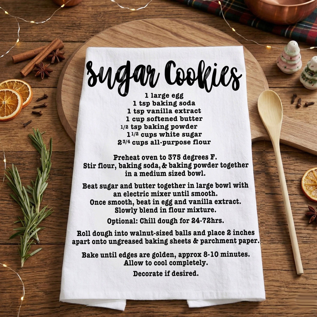 kitchen towel baking recipe styled farmhouse decor
holiday towel styled with baking tools and wood board
flat lay kitchen towel recipe baking christmas scene
kitchen towel styled cozy home baking environment
christmas towel displayed in festive kitchen setting