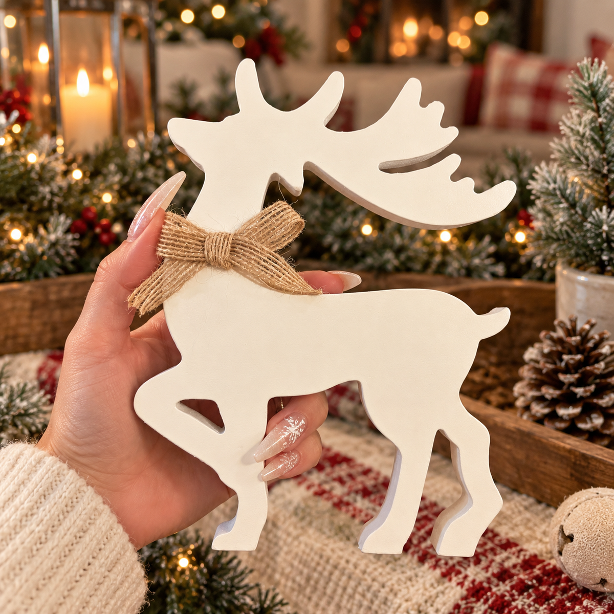 Wooden deer decorations for a holiday centerpiece
White Christmas figurines for floating shelves