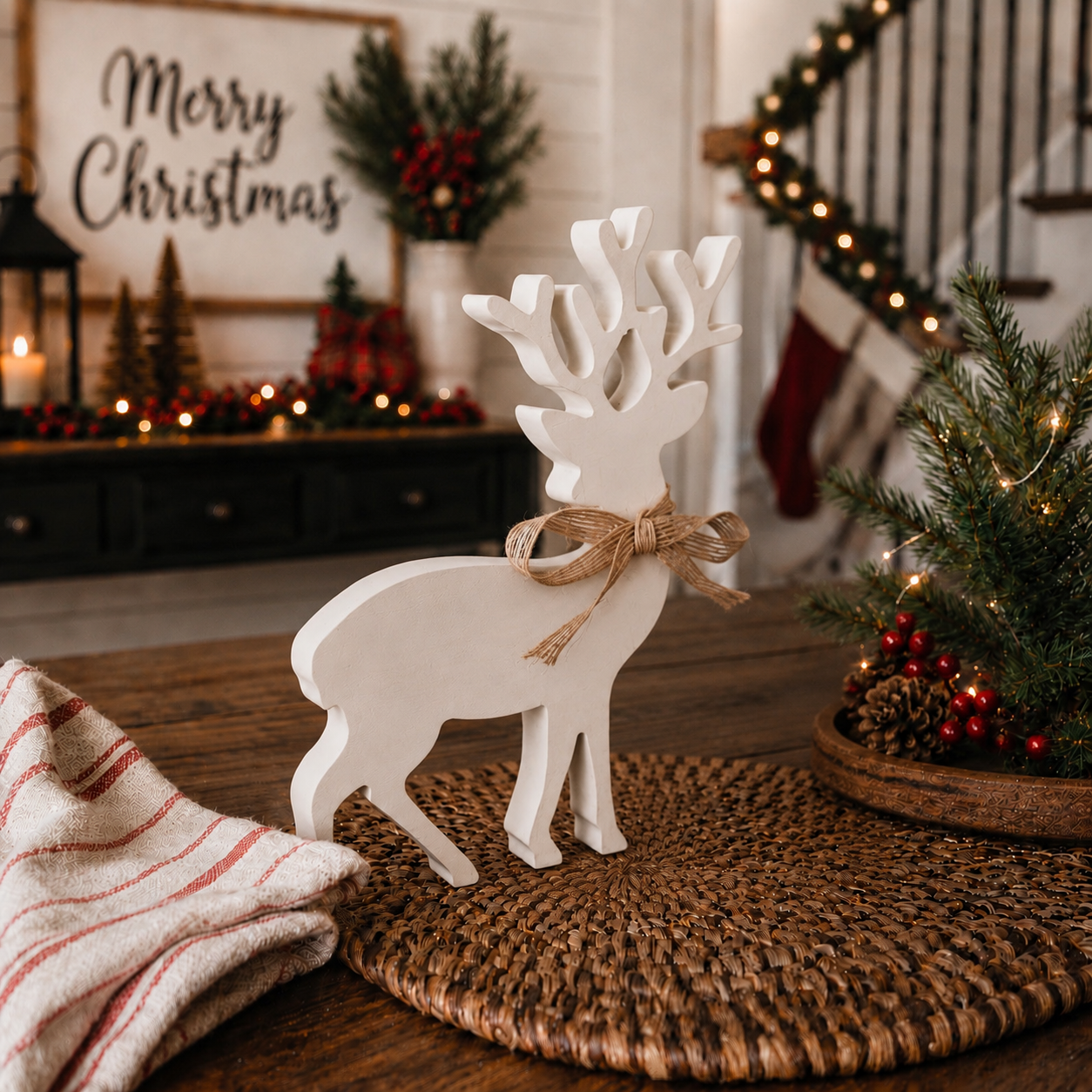 Rustic white reindeer decorations with detailed antlers
Wooden Christmas deer figures with burlap ribbon
White tabletop reindeer décor for the holidays
Christmas reindeer silhouettes made from MDF
Large and small white wooden reindeer decorations
Decorative reindeer pair for Christmas displays
White Christmas deer figurines for shelves and mantels
Farmhouse wooden reindeer decoration set
Neutral Christmas reindeer figurines with rustic bows
Indoor wooden reindeer decorations for holiday styling