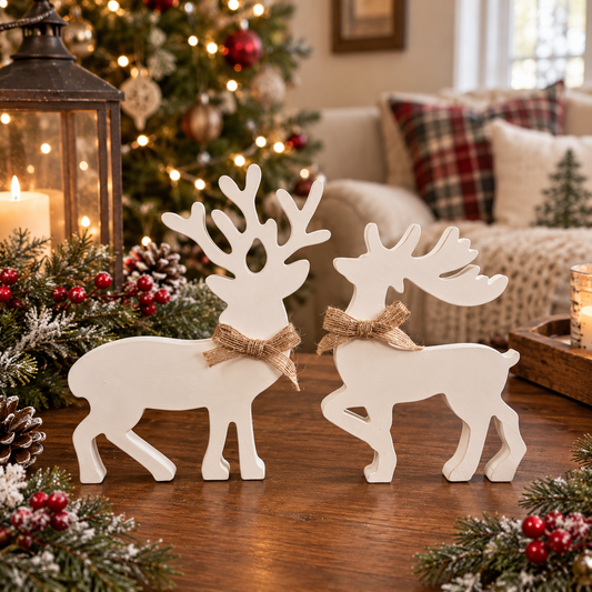 Set of two white wooden reindeer Christmas decorations
Merry Hooves white reindeer figurines with burlap bows
White MDF reindeer decorations for Christmas home décor
Freestanding wooden Christmas reindeer set of two
White reindeer figurines with rustic neck bows
Wooden reindeer Christmas decorations in two sizes
Neutral white holiday reindeer tabletop decorations
MDF Christmas reindeer figurines for indoor display
Decorative white wooden deer for Christmas
Set of two freestanding holiday reindeer