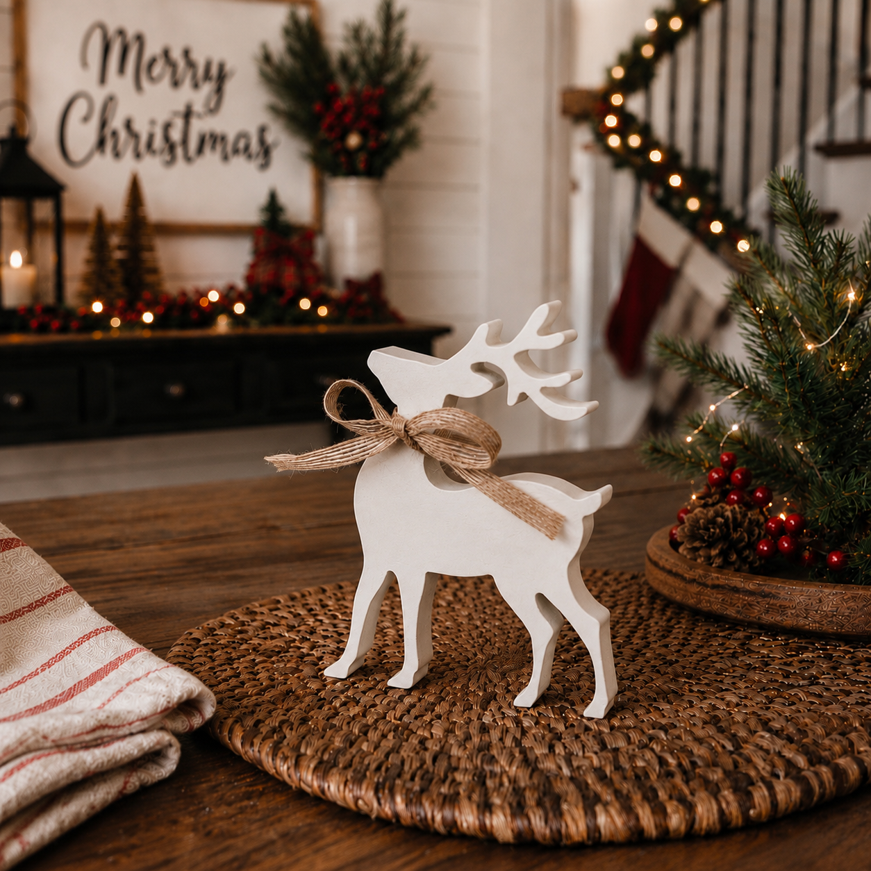 Set of two white wooden reindeer Christmas decorations
Merry Hooves white reindeer figurines with burlap bows
White MDF reindeer decorations for Christmas home décor
Freestanding wooden Christmas reindeer set of two
White reindeer figurines with rustic neck bows
Wooden reindeer Christmas decorations in two sizes
Neutral white holiday reindeer tabletop decorations
MDF Christmas reindeer figurines for indoor display
Decorative white wooden deer for Christmas
Set of two freestanding holiday reindeer