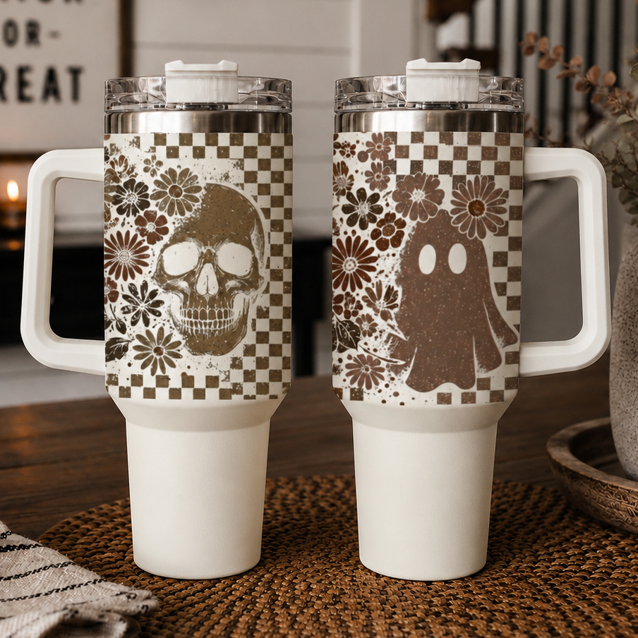 40oz retro Halloween tumbler with skull and ghost design
Retro ghost and skull tumbler with checkered Halloween pattern
Halloween tumbler with skull ghost flowers and checkerboard design
40oz spooky season tumbler with retro skull and ghost artwork
Neutral Halloween tumbler with skull ghost and floral print
Boho Halloween tumbler with skull ghost and checkered pattern