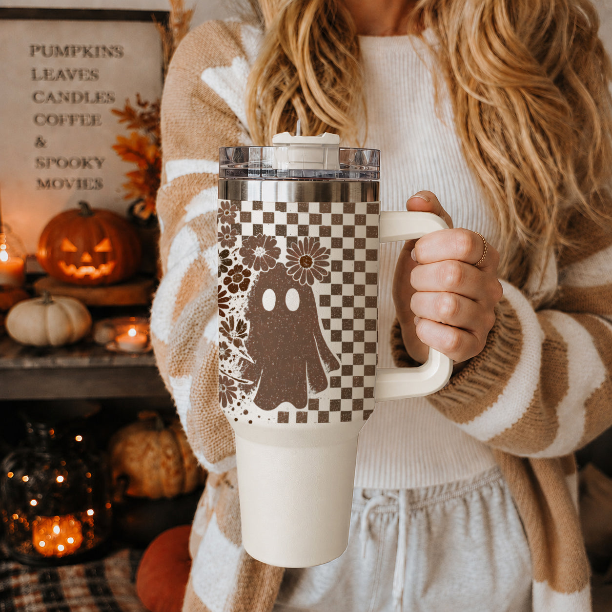 Large Halloween tumbler with ghost skull and flowers
Black brown Halloween tumbler with neutral spooky design
Neutral brown spooky season cup with skull and ghost print
Cream Halloween tumbler with retro skull and ghost artwork
White Halloween cup with brown skull ghost checkered design
Boho neutral Halloween cup with spooky floral pattern
Rustic Halloween tumbler with skull ghost and floral design