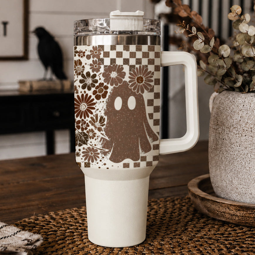 Vintage Halloween tumbler with skull ghost and flowers
Retro spooky tumbler with ghost skull and checkerboard design
40oz Halloween cup with skull ghost florals and checks
Spooky cute tumbler with retro ghost and skull artwork
Halloween skull tumbler with ghost and floral design
Ghost and skull tumbler for spooky season drinks